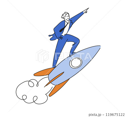 Businessman flies on a rocket and points his hand forward. Concept of startup, financial goals, rapid growth and development. Vector illustration of business. Businessman flies on a rocket and points his hand forward. Concept of startup, financial goals, rapid growth and development. Vector illustration of business. 119675122