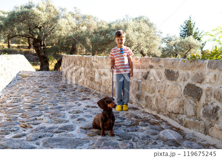 A 6-year-old boy stands on a stone bridge with a dog on a leash against the backdrop of an olive grove. 119675245
