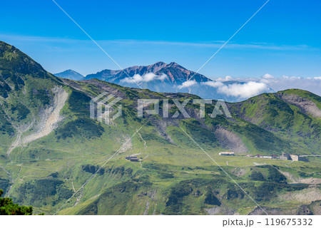 雷鳥沢登山道から見る室堂平と薬師岳　北アルプス劔岳登山 119675332