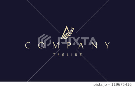Vector golden logo with an abstract image of a wheat ear in the shape of the letter A. 119675416
