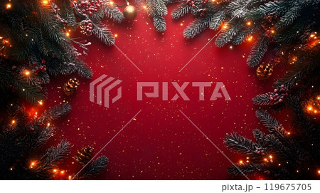 Festive frame featuring fir branches, golden sparkles, and twinkling lights on a red background, creating a warm and inviting holiday design. 119675705