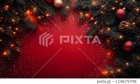 Festive frame featuring fir branches, golden sparkles, and twinkling lights on a red background, creating a warm and inviting holiday design. Festive frame featuring fir branches, golden sparkles, and twinkling lights on a red background, creating a warm and inviting holiday design. 119675706