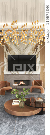 Stylish and Modern Living Room featuring Elegant Lighting along with Cozy and Inviting Furnishings, 3d rendering Stylish and Modern Living Room featuring Elegant Lighting along with Cozy and Inviting Furnishings, 3d rendering 119675846