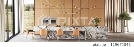 Explore Modern Kitchen Design featuring Elegant Marble and Wood Finishes for a Luxurious Look, 3d rendering 119675848