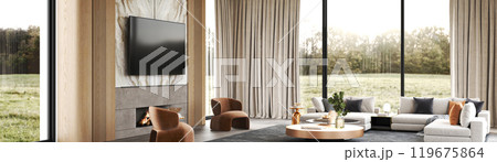 Discover a modern living room featuring breathtaking scenic views and stylishly curated decor, 3d rendering Discover a modern living room featuring breathtaking scenic views and stylishly curated decor, 3d rendering 119675864