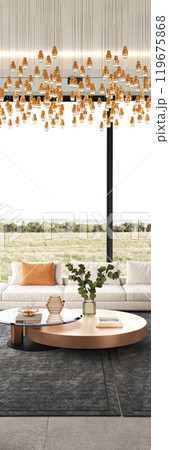 Modern living room showcasing stylish lighting paired with a stunning scenic view outside, 3d rendering Modern living room showcasing stylish lighting paired with a stunning scenic view outside, 3d rendering 119675868