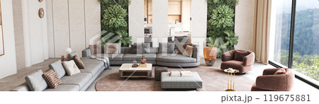 Modern living room adorned with lush greenery and a stunning, scenic view of nature, 3d rendering Modern living room adorned with lush greenery and a stunning, scenic view of nature, 3d rendering 119675881