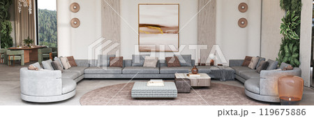 Modern Living Room featuring Stylish Furniture, Inviting Art, and Unique Decorative Elements, 3d rendering 119675886