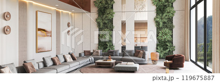 Modern Living Room Featuring Beautiful Greenery and Stylish, Contemporary Decor Elements, 3d rendering 119675887