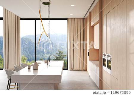 Modern Kitchen that Features a Scenic View of Beautiful Mountains Surrounding It, 3d rendering Modern Kitchen that Features a Scenic View of Beautiful Mountains Surrounding It, 3d rendering 119675890