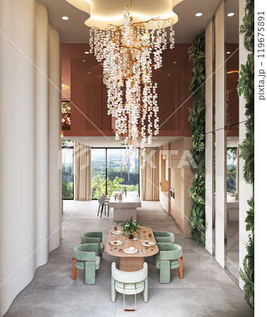 Elegant Modern Dining Space that Features a Luxurious Chandelier for Ultimate Sophistication, 3d rendering 119675891