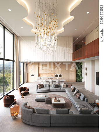 Elegant, Modern Luxurious Living Room Featuring an Artistic Chandelier and a Scenic View, 3d rendering 119675892