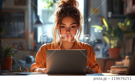 Realistic illustration of a freelance woman working online on her laptop in an open coworking space, wide-angle half-body front view, capturing her focused expression, and the collaborative work 119676251