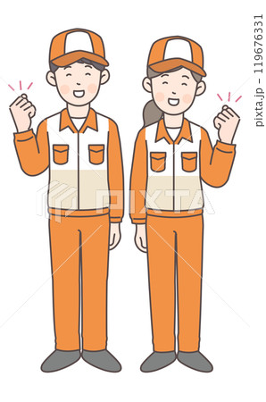 ガッツポーズするガソリンスタンド店員の全身イラスト 119676331