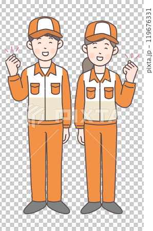 Full-body illustration of a gas station attendant posing with his fist in the air 119676331