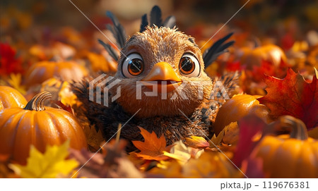 Cheerful 3D cartoon turkey surrounded by pumpkins and vibrant fall leaves, Thanksgiving banner Cheerful 3D cartoon turkey surrounded by pumpkins and vibrant fall leaves, Thanksgiving banner 119676381