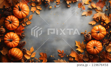 Happy Thanksgiving Day banner with pumpkins, golden leaves, and an inviting fall background, designed for sales 119676458