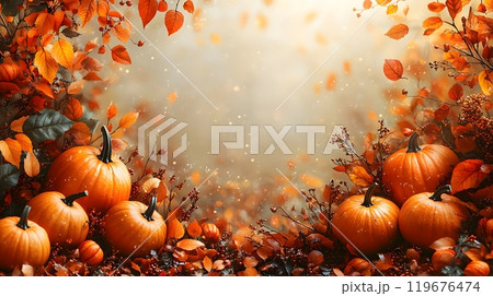 Autumn sale banner with pumpkins, vibrant leaves, and a festive Thanksgiving background 119676474