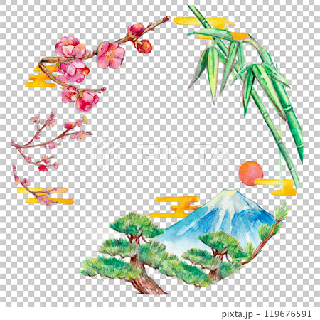 Watercolor frame of Mt. Fuji and pine, bamboo and plum 119676591