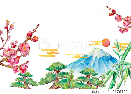 水彩で描いた富士山と松竹梅の背景 水彩で描いた富士山と松竹梅の背景 119676592