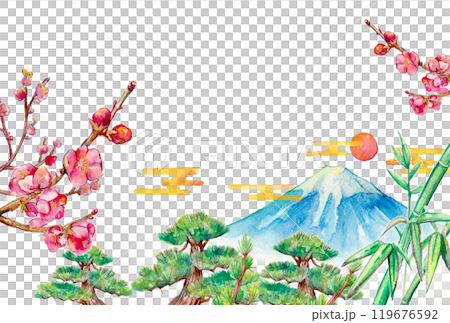 水彩で描いた富士山と松竹梅の背景 水彩で描いた富士山と松竹梅の背景 119676592