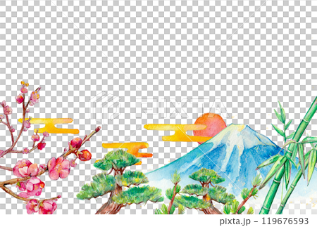 Background of Mt. Fuji and pine, bamboo and plum painted in watercolor 119676593