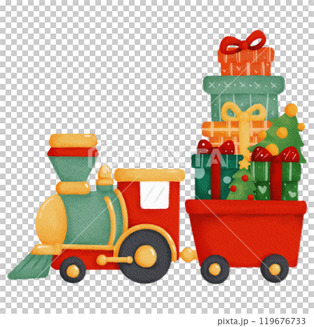 Vintage Christmas train filled with gifts, perfect for adding a nostalgic touch to holiday scenes. 119676733