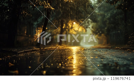 Raindrops fall softly on a quiet street, with warm light filtering through the trees, evoking a calm and serene evening ambiance 119676741