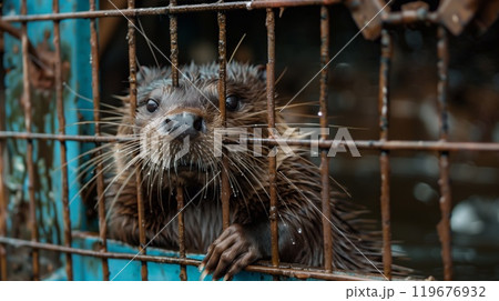 Nutria are seen in cages at a rehabilitation center, providing insight into their care and conditions in the facility 119676932