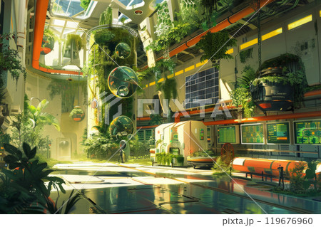 A community center with green walls showcases innovative renewable energy systems, combining eco-friendly design with modern technology for sustainability 119676960