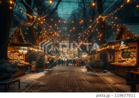 A bustling Christmas fair brims with festive market stalls selling handcrafted gifts and delicious treats, creating a vibrant and joyful holiday shopping experience 119677011