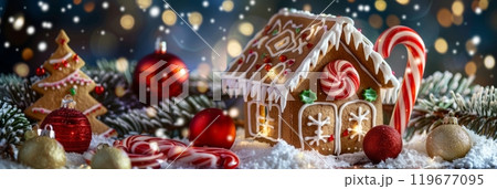 A beautifully decorated Christmas gingerbread house with icing, candy canes, gumdrops, and chocolate roof tiles, showcasing a festive and creative holiday masterpiece, banner A beautifully decorated Christmas gingerbread house with icing, candy canes, gumdrops, and chocolate roof tiles, showcasing a festive and creative holiday masterpiece, banner 119677095