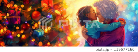 The cozy living room showcases a festive Christmas tree with a grandmother and granddaughter sharing a tender hug, capturing the warmth and joy of the season, banner 119677160