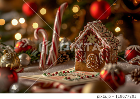 A detailed and elaborate Christmas gingerbread house adorned with intricate icing, candy canes, gumdrops, and chocolate roof tiles in a festive holiday scene 119677203