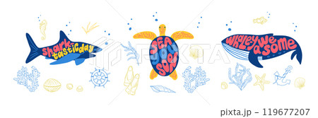Illustrative sea life typography with ocean items 119677207