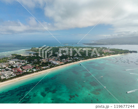 Aerial view of long stretch powdery white sand beach in Boracay. Island in Malay, Aklan. Philippines. 119677244