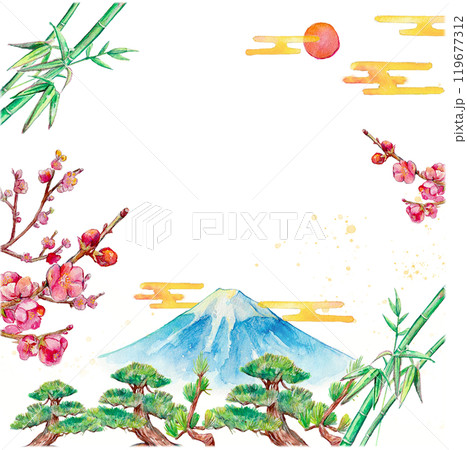 水彩で描いた松竹梅と富士山の背景 119677312