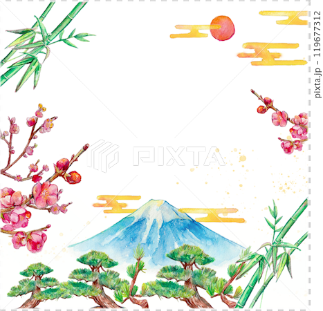 水彩で描いた松竹梅と富士山の背景 119677312