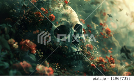 A skull covered in colorful flowers rests peacefully in a lush, enchanted landscape, symbolizing the connection between life and afterlife 119677352