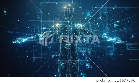 A digital representation of the human body showcases advanced technology with glowing data overlays and various graphical interfaces 119677376