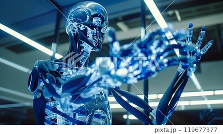 An advanced robot features intricate designs and glowing blue parts, showcasing the blend of technology and human anatomy in a lab 119677377