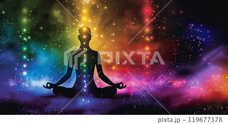 A meditating silhouette sits peacefully amid swirling colors that symbolize the human chakras and spiritual energy emanating from within 119677378