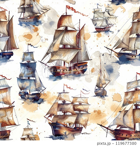 This artistic pattern showcases various sailing ships in watercolor, set against a backdrop of soft, blended colors and abstract shapes 119677380