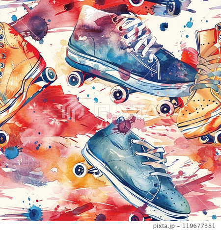 A vibrant watercolor design features roller skates in various colors, set against a backdrop of colorful splashes, perfect for artistic inspiration 119677381