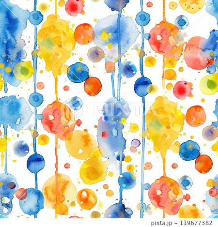 The artwork features a lively splash of watercolor drops in shades of blue, yellow, and red, forming an abstract pattern that captivates attention 119677382