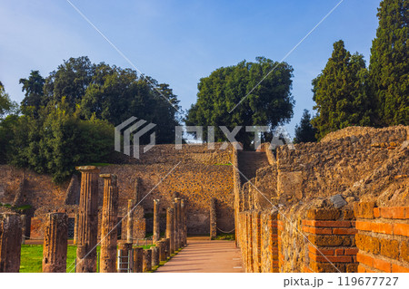 Ancient ruins of Pompei surrounded by lush greenery near Vesuvius volcano Ancient ruins of Pompei surrounded by lush greenery near Vesuvius volcano 119677727