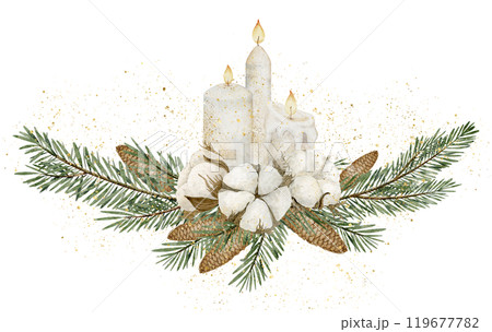 Christmas candles with Fir tree Branches, pine cones and cotton balls. Watercolor illustration of candlelight with evergreen coniferous twigs for New Year greeting cards or holiday party invitations. 119677782