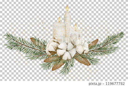 Christmas candles with Fir tree Branches, pine cones and cotton balls. Watercolor illustration of candlelight with evergreen coniferous twigs for New Year greeting cards or holiday party invitations. 119677782