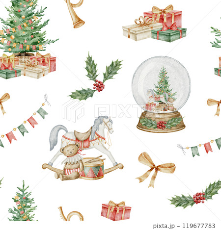 Christmas watercolor seamless Pattern with vintage baby toys and presents. Xmas background with rocking horse and spruce tree for wrapping paper or New Year banner. Illustration with gift boxes. 119677783