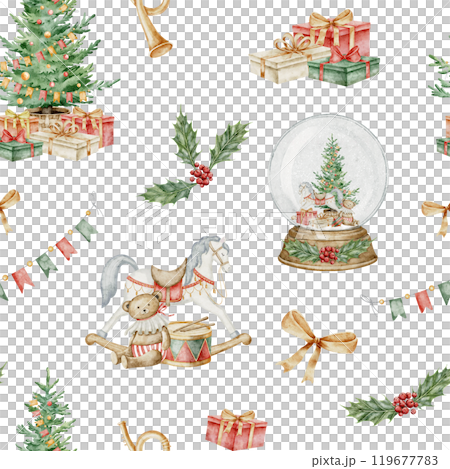 Christmas watercolor seamless Pattern with vintage baby toys and presents. Xmas background with rocking horse and spruce tree for wrapping paper or New Year banner. Illustration with gift boxes. 119677783